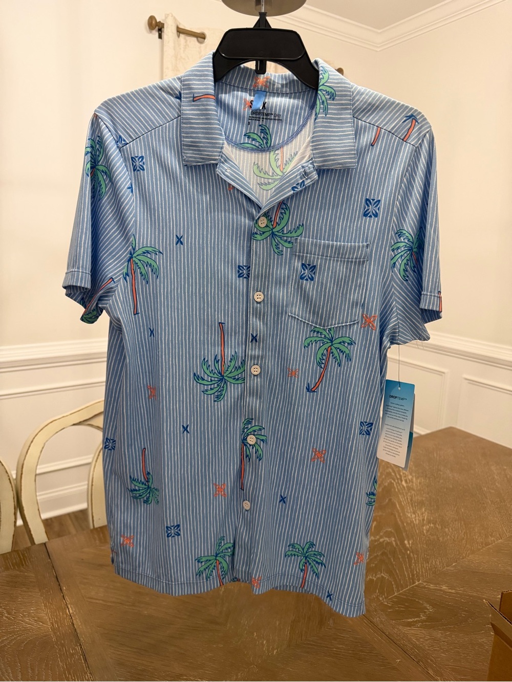 NWT Saxx DropTemp Dry Men's Light Blue Palm-Print Button-Up Shirt, Size Small